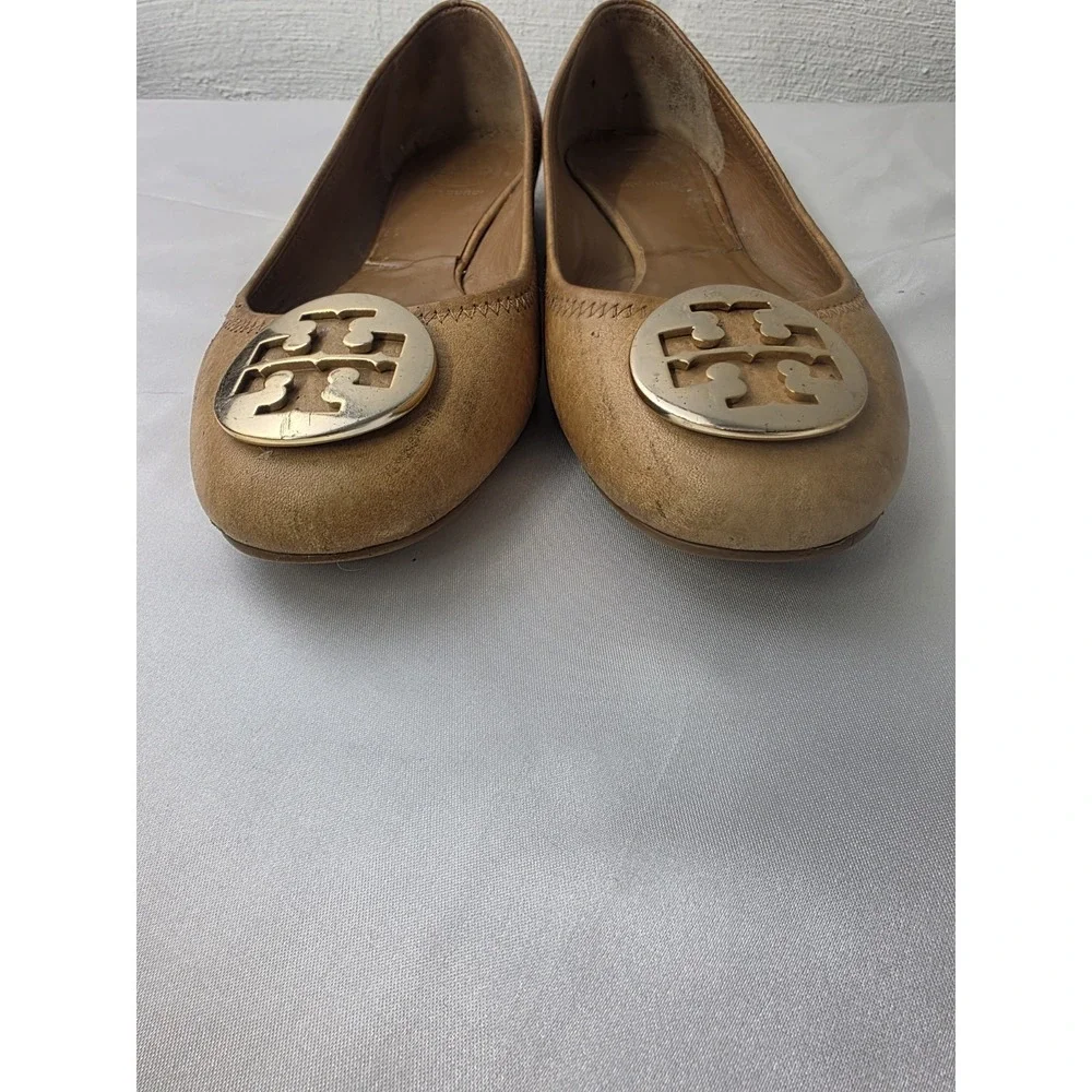 Tory Burch Women's Tan‎ Brown Pebbled Leather Medallion Logo Ballet Flats 8M